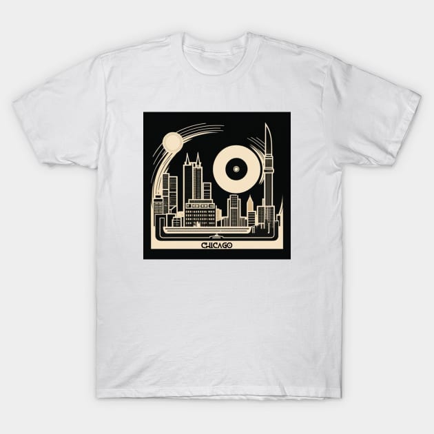 Chicago City Skyline Retro Vinyl Record Graphic T-Shirt by musicgeniusart